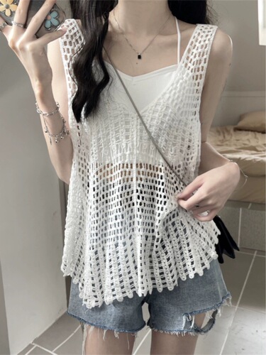 复古民族风针织吊带性感海边外穿镂空美背心夏季格子米白色上衣