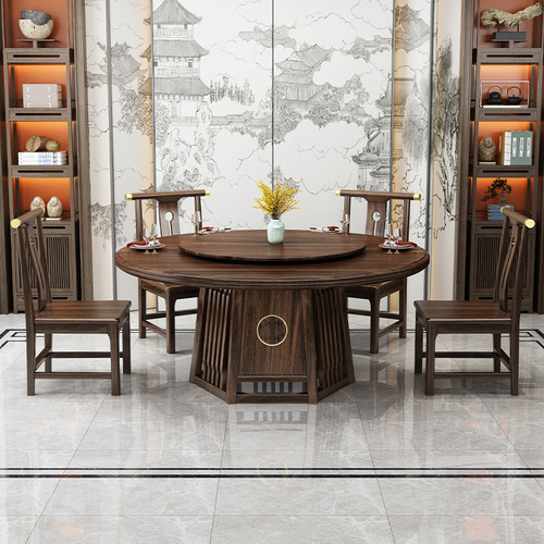 New Chinese style ebony wood dining table and chair combination modern simple solid wood round table light luxury hotel slate home restaurant table