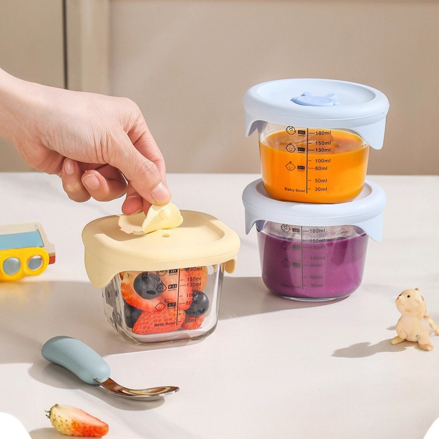 Customized Baby-Specific Heat-Resistant High-Boron Glass Steamed Egg Storage Freezer Box Bowl Baby Silicone Food Supplement Box Bowl