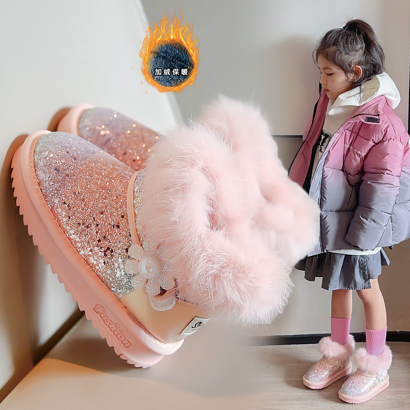 Botas de nieve de niñas 2025 invierno nuevo zapatos de algodón para niños chicas de moda botas cortas de lentejas con botas de algodón gruesas