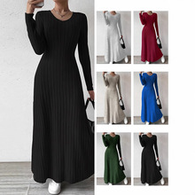 现货欧美跨境亚马逊2025秋冬新款长袖圆领开叉针织长款连衣裙女