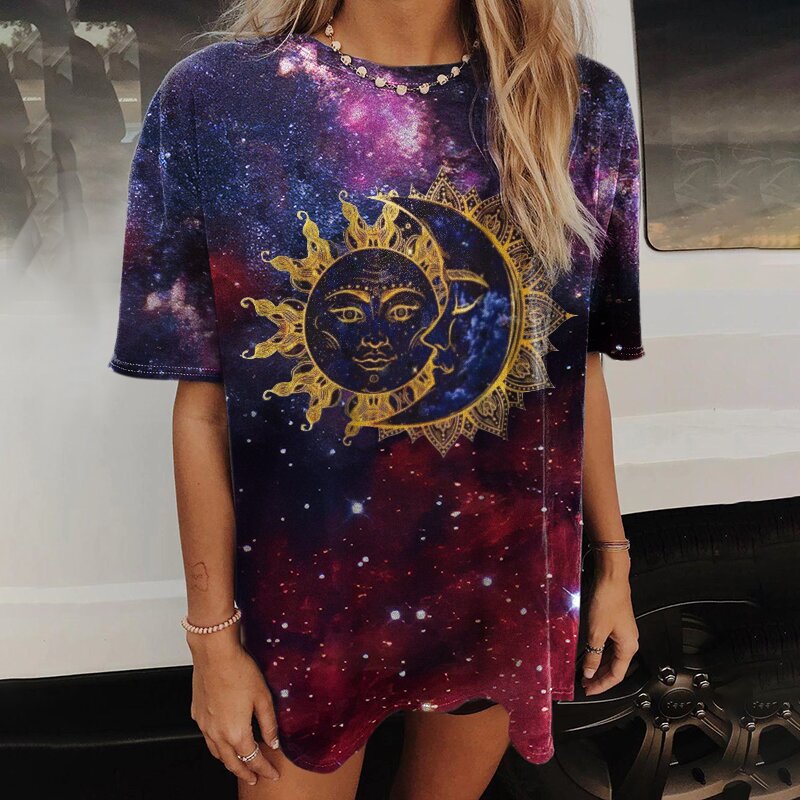 2021亚马逊欧美外贸女装 太阳月亮组合  时尚圆领印花女T恤 6291
