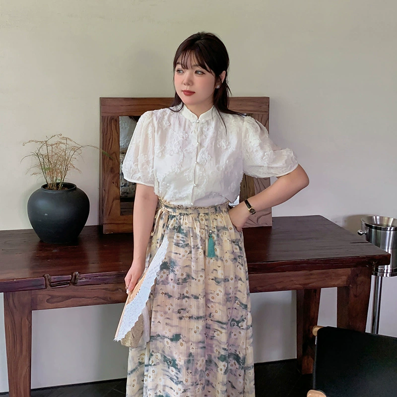 Шифоновая блузка в стиле retro Chinese, плюс-сайз, жаккард, жемчужные пуговицы, puff рукава