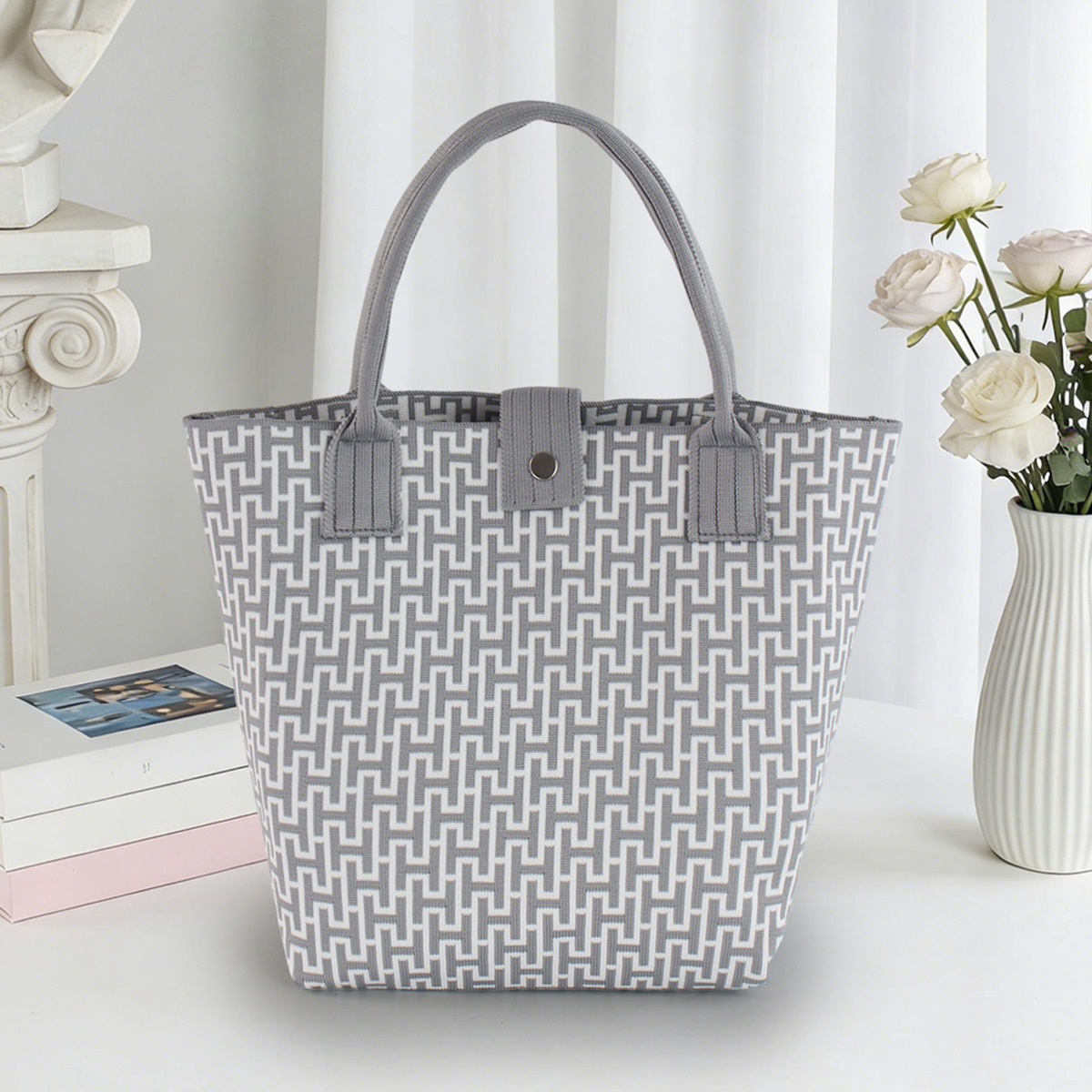 Bolso de tejido coreano de gran capacidad de transporte de moda de mil pájaros bolsos de mano casuales versátiles bolsos de bento image 7