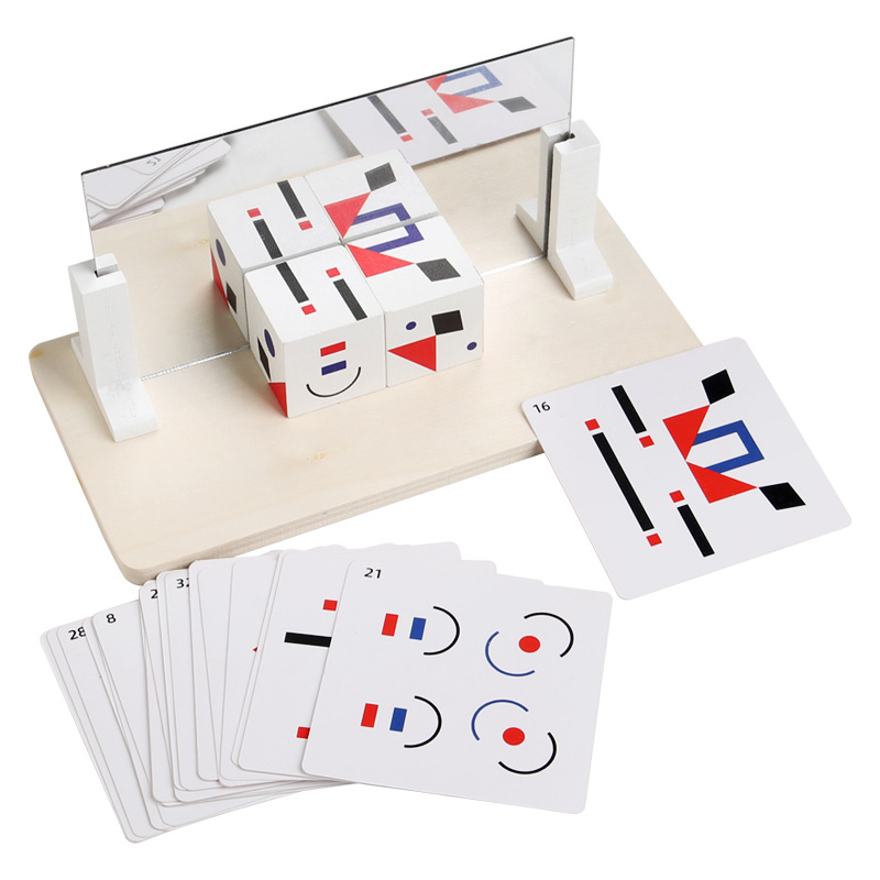 Bloques de construcción de espejo de madera que cambian la cara, juguetes de gráficos geométricos, juguetes de entrenamiento de pensamiento para niños, bloques de construcción interactivos entre padres e hijos