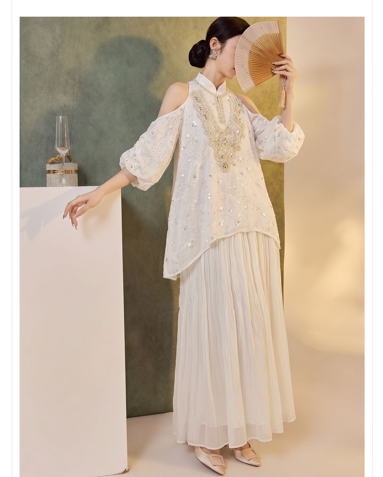 Đầm maxi tay bong bóng mở rộng vai — Tuyết Xanh, Aurora trắng chi tiết 8
