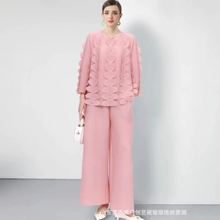 miyake三宅欧美跨境褶皱大码女装时尚显瘦通勤高弹钉钻百搭两件套