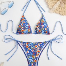 欧美比基尼2025新款印花纯欲挂脖游泳衣女分体ins外贸耐穿bikini