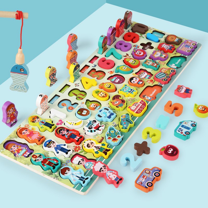 Juguetes de educación temprana para niños Tablero de números y letras siete en uno multifuncional Juego de pesca magnética de rompecabezas para bebés