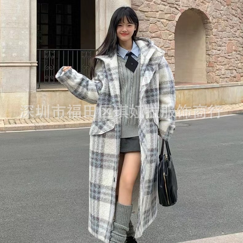 深圳南油原单外贸女装气质优雅甜美减龄加厚格纹夹棉羊毛大衣外套