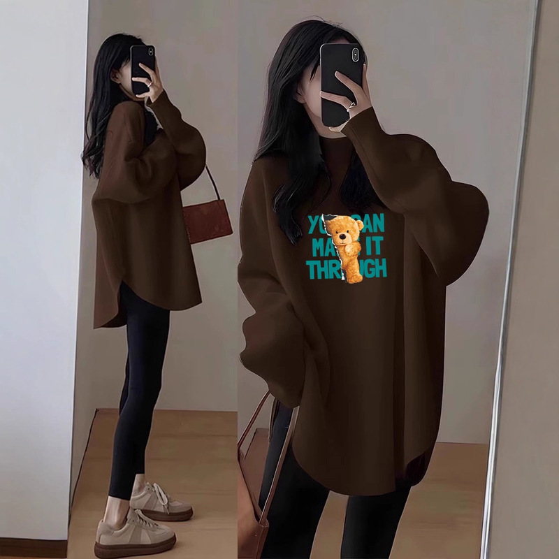 Tops with Shark Pants for Autumn and Winter, Butt-Covering Velvet Long-Sleeved T-Shirts for Women, Round Neck Bottoming Shirts, Mid-Length Sweatshirts, Trendy