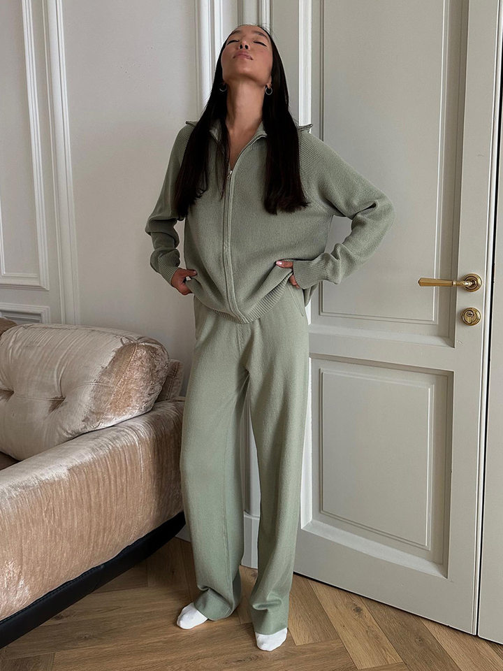 Bộ áo cardigan dệt kim khóa kéo phối quần dài ống rộng nữ — màu bột yến mạch, màu nâu, màu xám, trắng