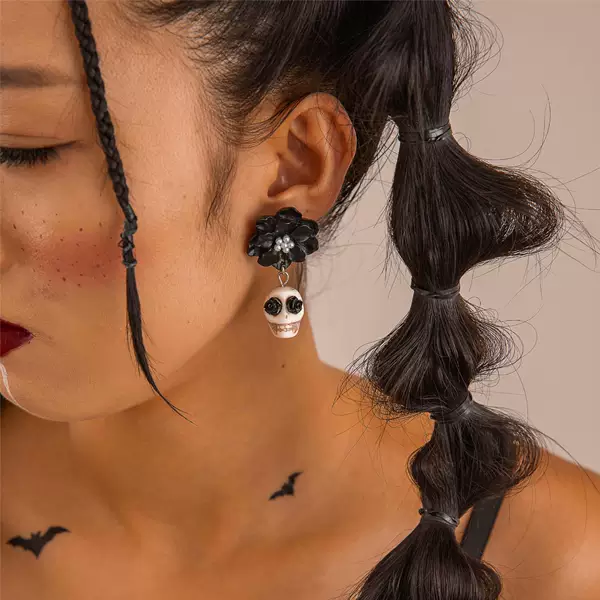Halloween Cross-Border Dark Style Skull Camellia Earrings Punk Style Inlaid Pearl Floral Earrings