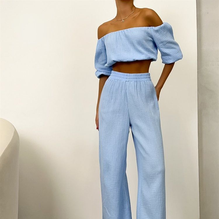 Broekset 2024 zomer één lijn hals uit taille korte bubbelmouwen top + casual rechte buisvloertorens_voghion.com