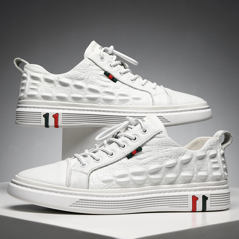 Herren Freizeitschuhe Aus Echtleder In Weiß Mit Krokodilprägung_voghion.com