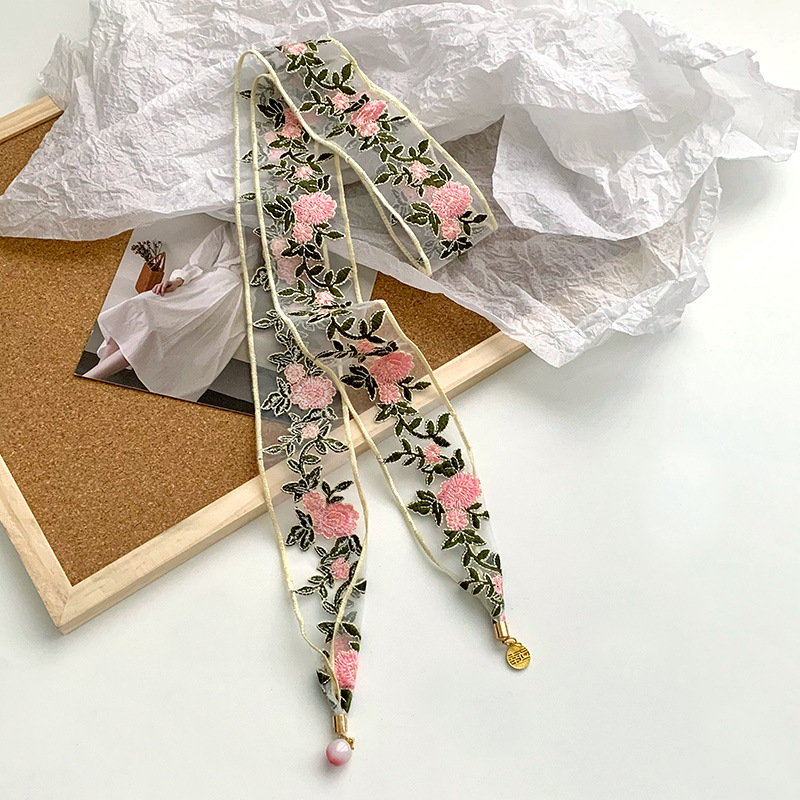 Pañuelo de seda, banda larga, sensación de alto nivel, temperamento de nicho, estilo étnico, bordado floral, bufanda de seda de encaje, cinta para el cabello de nuevo pañuelo en la cabeza