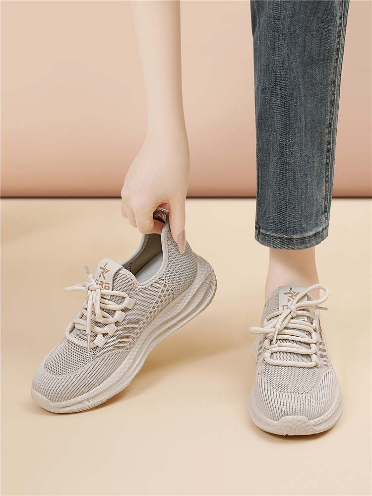 Giày sneaker nữ dệt kim lưới thoáng khí đế mềm đi bộ chạy bộ du lịch — 6045 Màu be, 6045 Da đen chi tiết 4