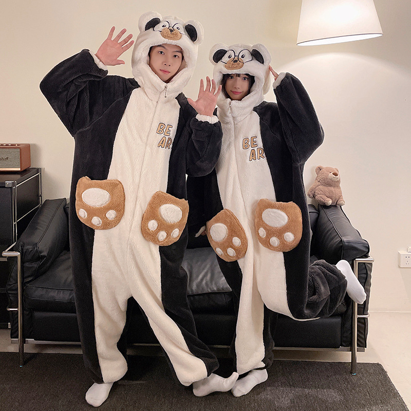 Winter Coral Fleece Couple Pajamas Women's Velvet Thickened Cartoon Cute Hooded Jumpsuit Funny Home Clothes Set