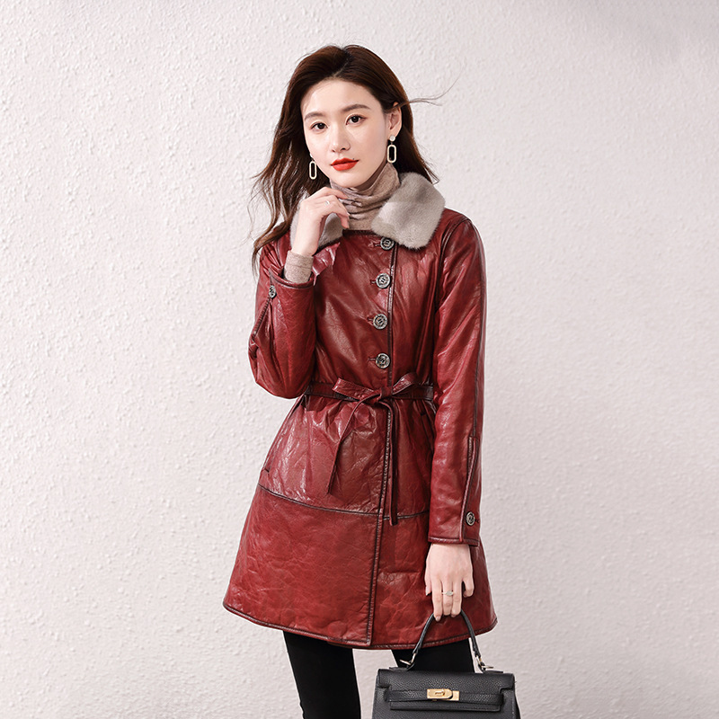 Haining Genuine Leather Coat for Women, Mid-Length, with Mink Fur Collar, Sheepskin down Jacket, Thickened Seamless down Coat for Ladies