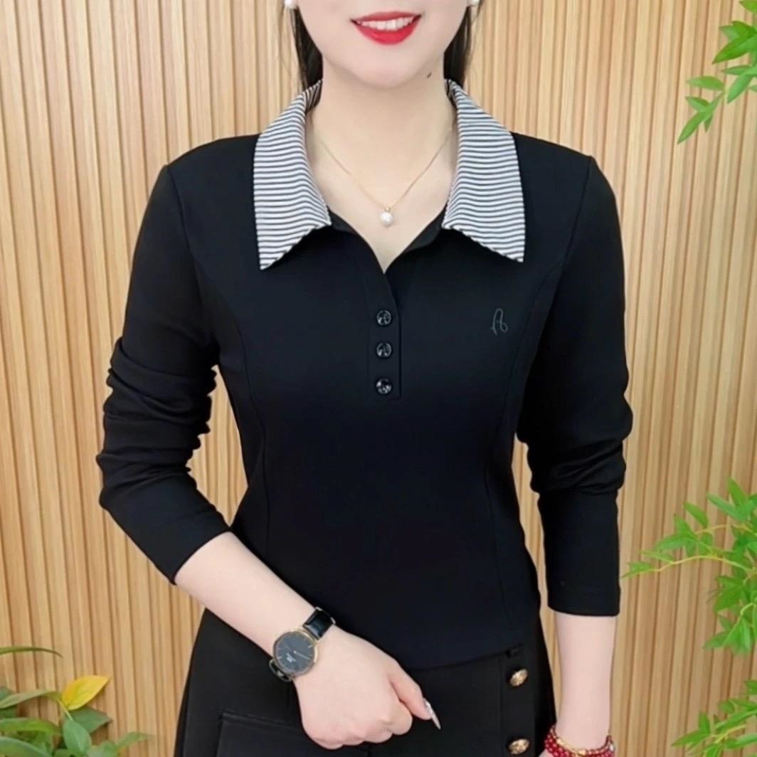 [Cotton 95% Spandex 5%] Women's Trendy Striped Collar Long Sleeve Autumn Versatile Simple Embroidery Top