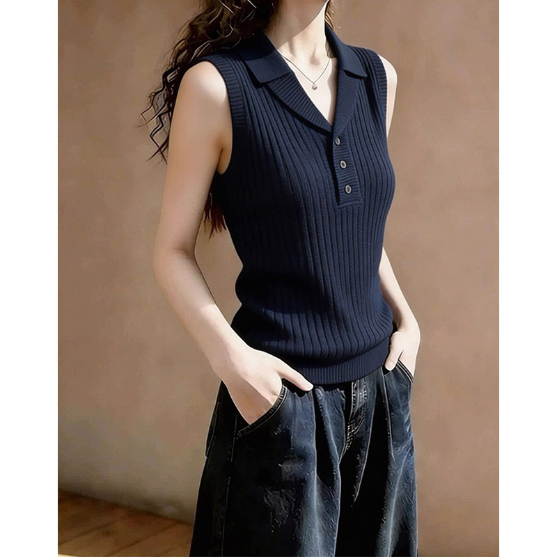 In-Stock Manufacturer Wholesale Navy Blue Polo Collar Sleeveless Knit Vest for Women, Stylish and Simple Top In-Stock Manufacturer Wholesale Navy Blue Polo Collar Sleeveless Knit Vest for Women, Stylish and Simple Top