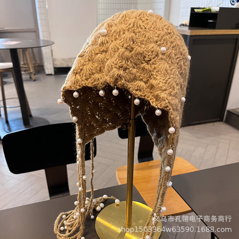 2025新款红色民族风钉珠流苏护耳帽子女秋冬加厚保暖显脸小套头帽|undefined