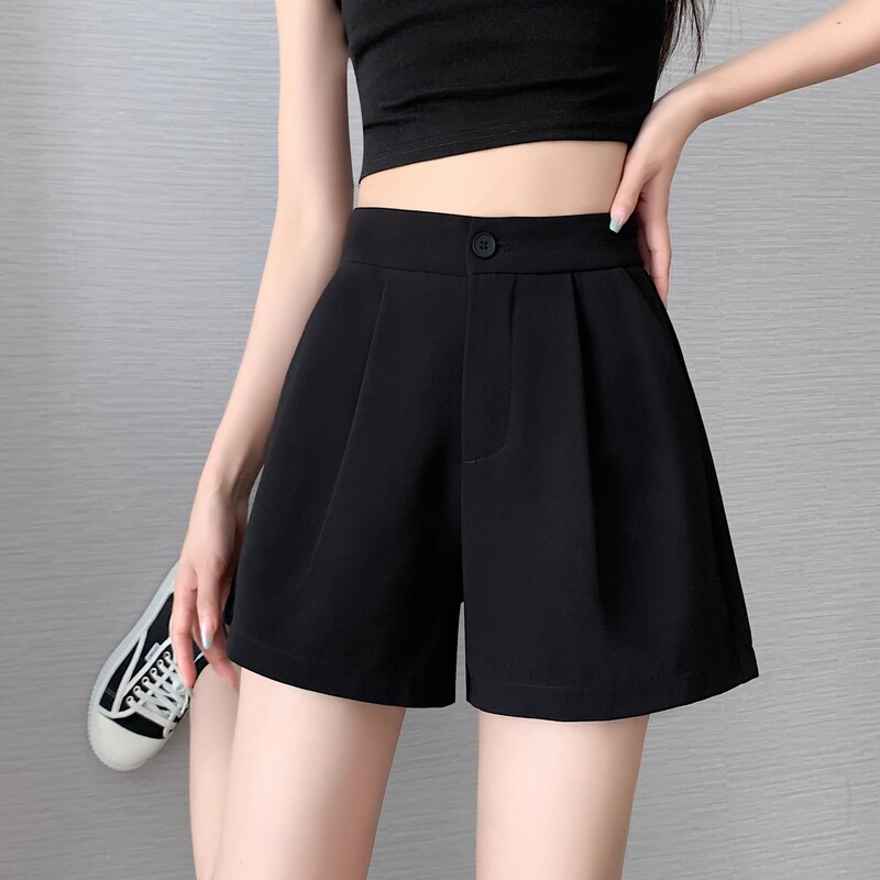 Black Elastoelastic High Waist Casual Suit Shorts Summer Women's 2024 New Thin Loose Small A- line Wide-leg Pants