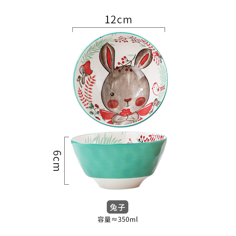 Tazón de Cerámica con Diseño de Animales del Bosque, 4.75 Pulgadas, con Patrón de Piedra, Lindo Tazón para Arroz, Vajilla para el Hogar, Tazón Pequeño, Adorable Conejo de Orejas Largas.