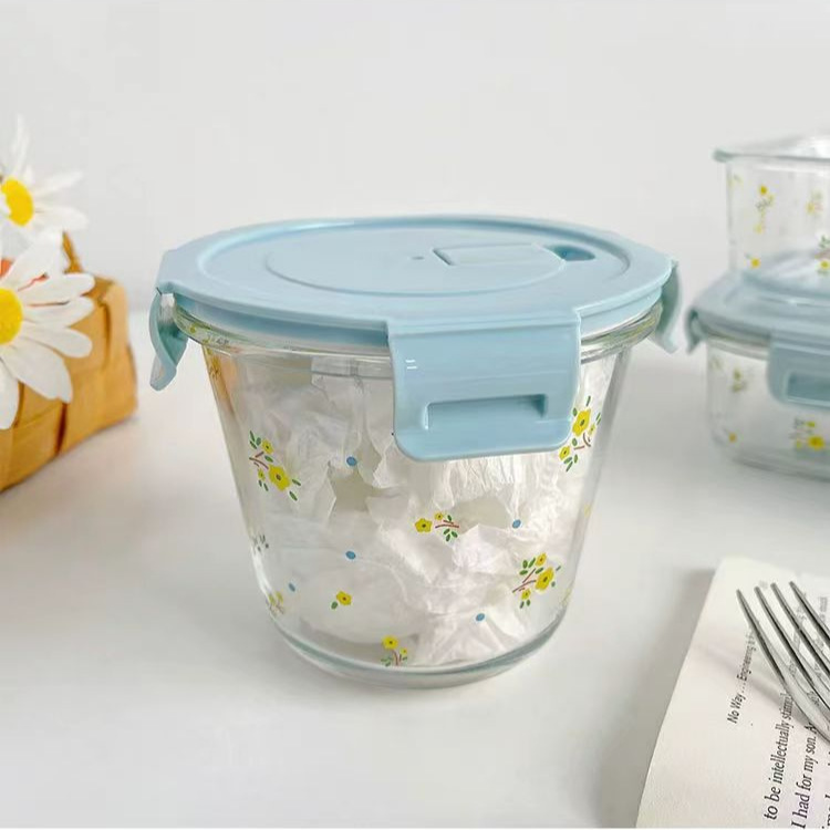 INS简约蓝色小黄花少女心玻璃饭盒食品级保鲜盒耐热带盖汤碗