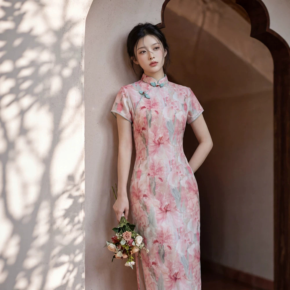 贝之韵粉色网纱印花夏长款旗袍女2026夏新款少女短袖年轻款上班穿