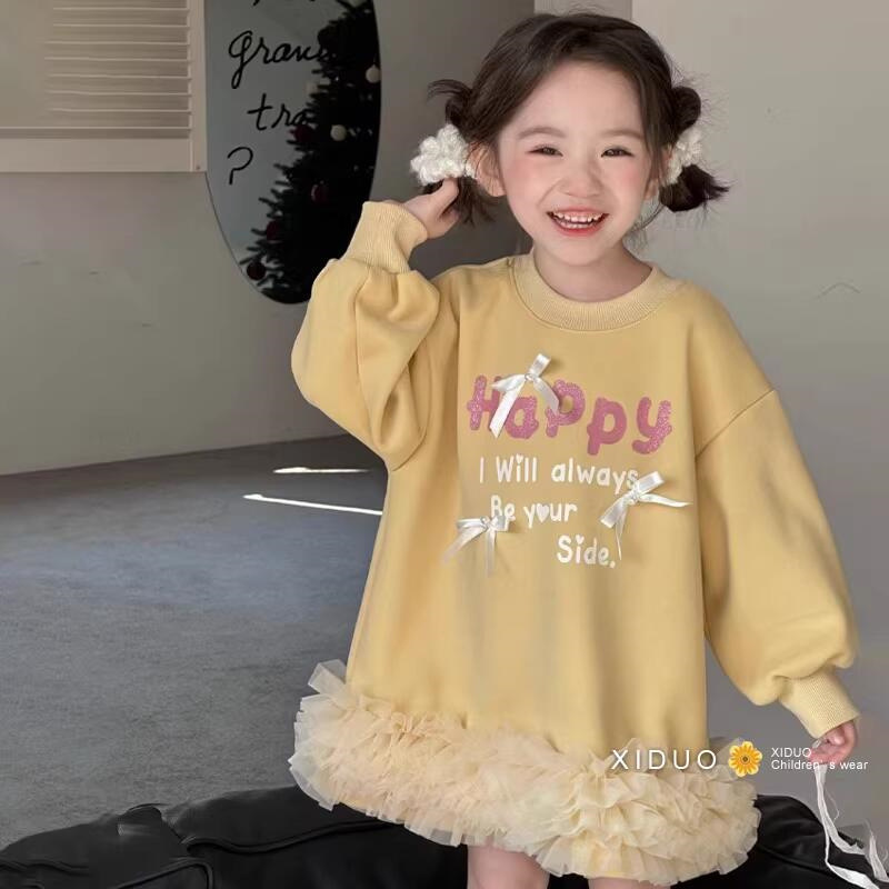 Vestido de niñas otoño y invierno letras extranjeras impresión arco y camisa de lana vestido de malla para niños