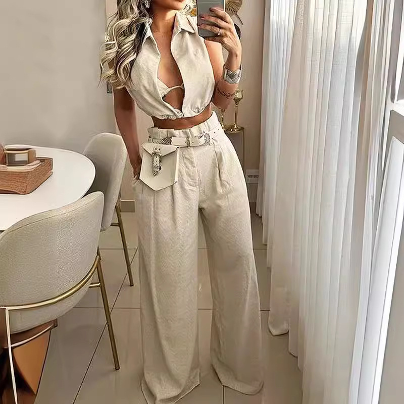 2024 European and American Amazon Fashion Casual Sleeveless Two-Piece Shirt Collar Tether Multi-Pocket suit