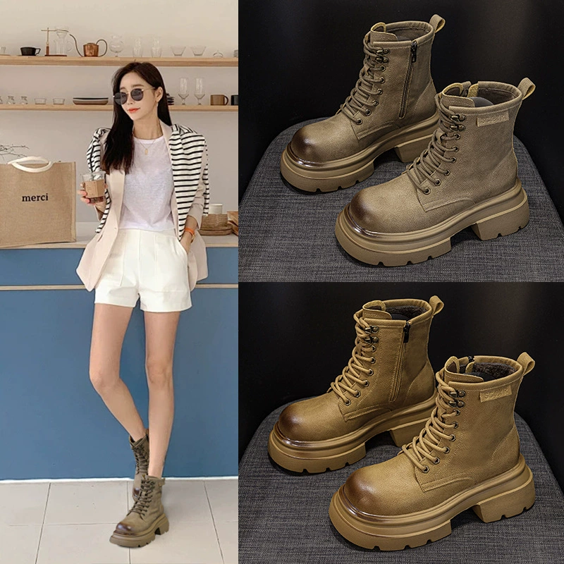 Женские кожаные ботинки на толстой подошве, осень 2022, новые повседневные модные универсальные короткие сапоги в стиле ретро, женские сапоги до середины икры с большим носком