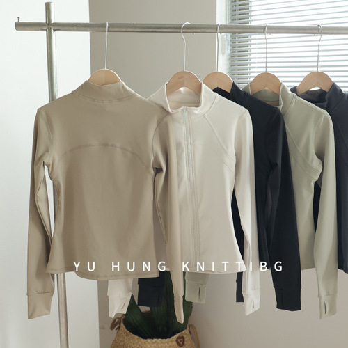Stand-up collar yoga jacket for autumn and winter, zipper sports top for women, fitness suit set, slimming and versatile, elastic close-fitting long-sleeved shirt