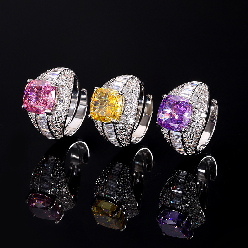 Otoño e Invierno nuevo estilo Zhuang Sheng joyería Flor de Hielo corte diamante alto carbono cobre Diamante temperamento retro anillo femenino 10*10