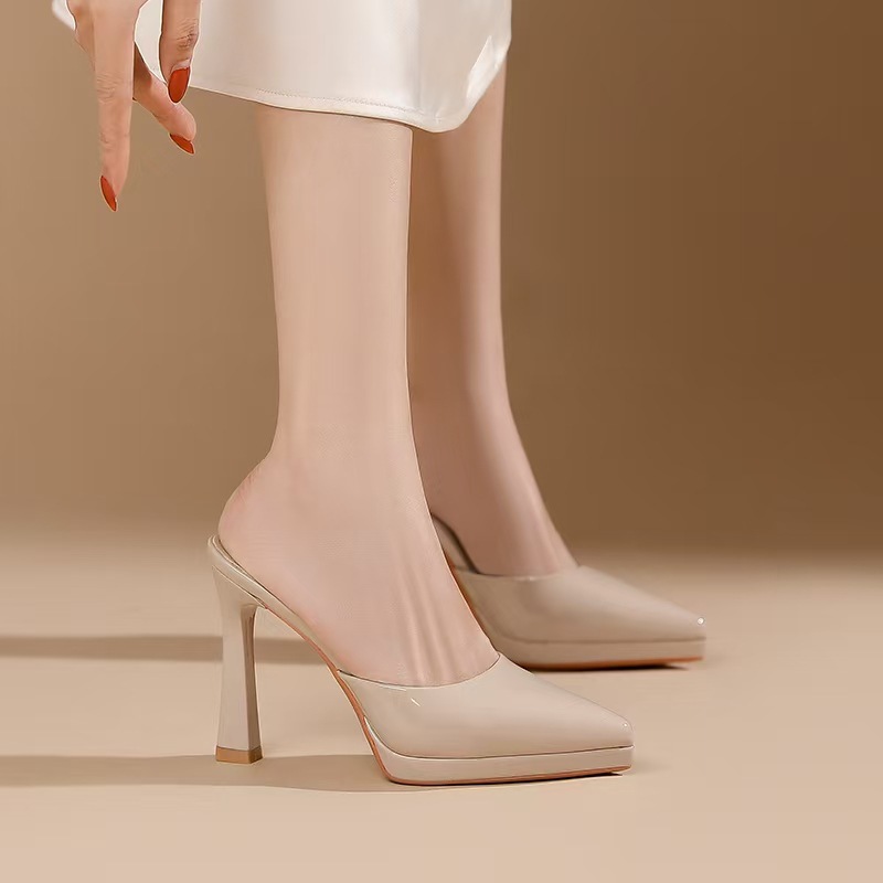 Sandal cao gót nữ mũi nhọn, gót 10 cm, đế platform, chất liệu da PU bóng — Da trần-10cm