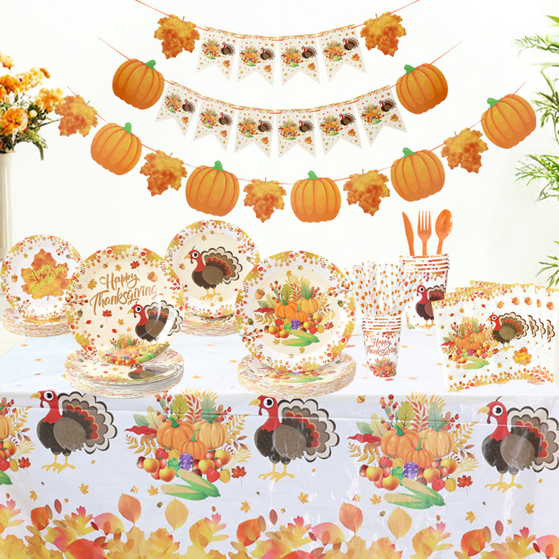 Cross-Border Thanksgiving Themed Flag Decorations, Disposable Turkey and Pumpkin Party Tableware Set, Maple Leaf Paper Plates and Napkins