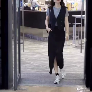 24506大爱美依缘2026夏季新款修身打底衫马甲半身裙套装时尚显瘦