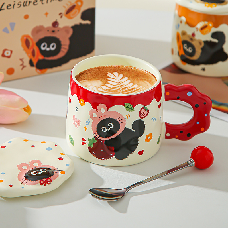 Con cubierta encantador conjunto de dibujos animados gato negro tazas de alto valor pareja tazas de cerámica tazas de agua marca regalo acompañante