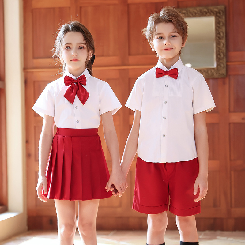 Traje de actuación de coro para niños Traje de actuación del día del niño para estudiantes de primaria y secundaria Traje de correa de jardín de infantes Vestido de niña rojo
