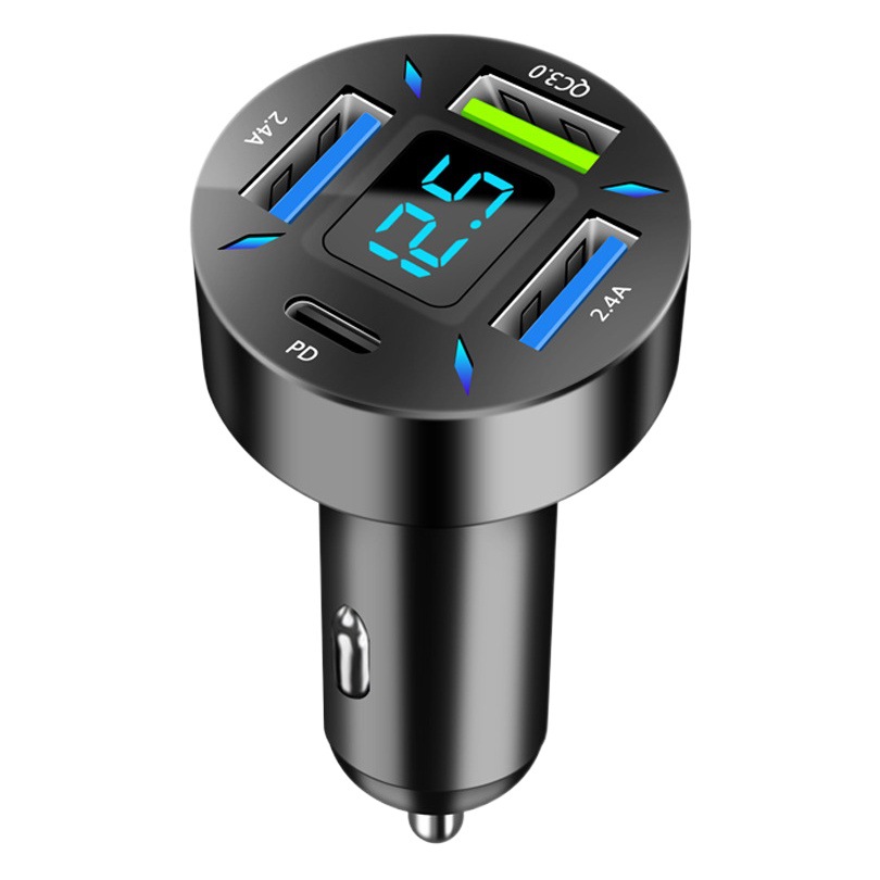 New digital display car charger 4usb 66W fast charge PD mobile phone charging head one drag four QC3.0 car charger