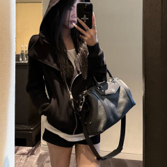 黑色连帽卫衣女修身百搭设计感翻领美式开衫外套春秋休闲宽松上衣