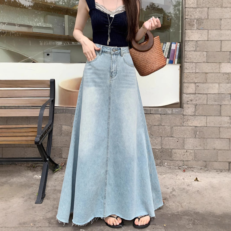 American Retro Raw Edge Denim Skirt for Women Spring New Large Size Long A-Line Skirt Loose Slimming Look Hip Skirt
