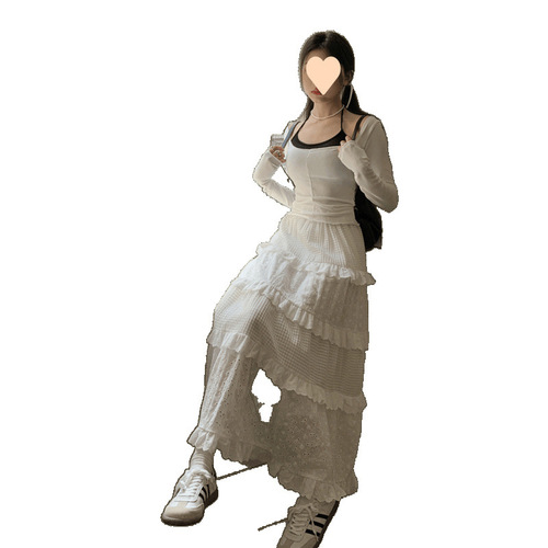White skirt for women's summer high-waisted skirt cake skirt gentle style long skirt design niche hook flower skirt