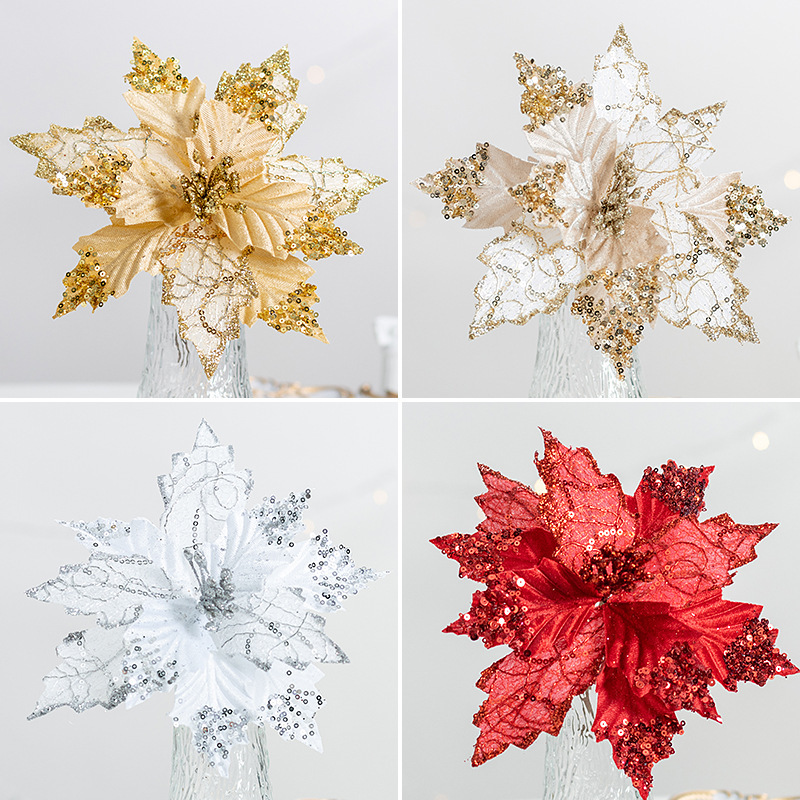 金色21cmシミュレーションスパンコールクリスマス花ベルベットクリスマスツリー装飾装飾品ペンダント赤いdiy装飾花|undefined