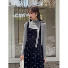 【歌铭】法式复古黑色丝绒绣花背心裙女冬季新款收腰中长裙N440B