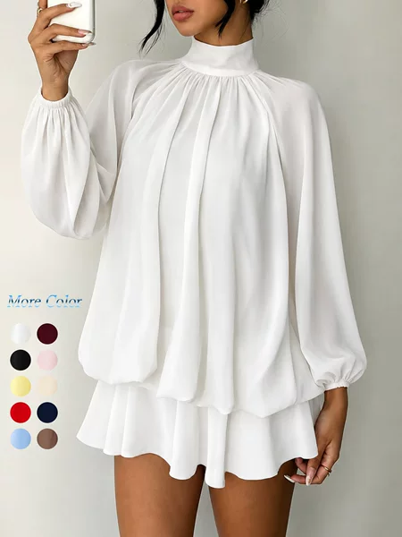 European and American foreign trade cross-border women's long-sleeve autumn and winter dresses, versatile, fashionable, slimming, solid color short dresses, in stock