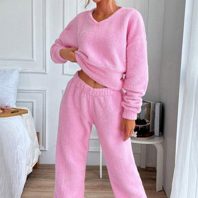 Autumn and Winter Coral Velvet Fleece-Lined Thickeneded Pure Color Round Neck Top Pants Women's Warm Pajamas Set Casual Home Wear Autumn and Winter Coral Velvet Fleece-Lined Thickeneded Pure Color Round Neck Top Pants Women's Warm Pajamas Set Casual Home Wear