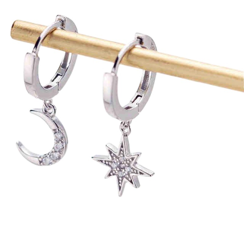 Micro-inlay craft classic full diamond star Moon asymmetric earrings high quality temperament earrings Women's Light luxury earrings