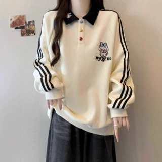 大码女装学院风小狗刺绣POLO领条纹卫衣女秋冬胖妹妹洋气百搭上衣